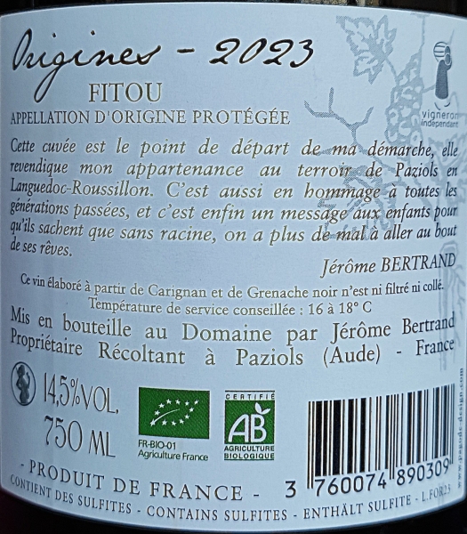Domaine Bertrand Berge Origines 2023, AOP Fitou, Rotwein, trocken, 0,75l